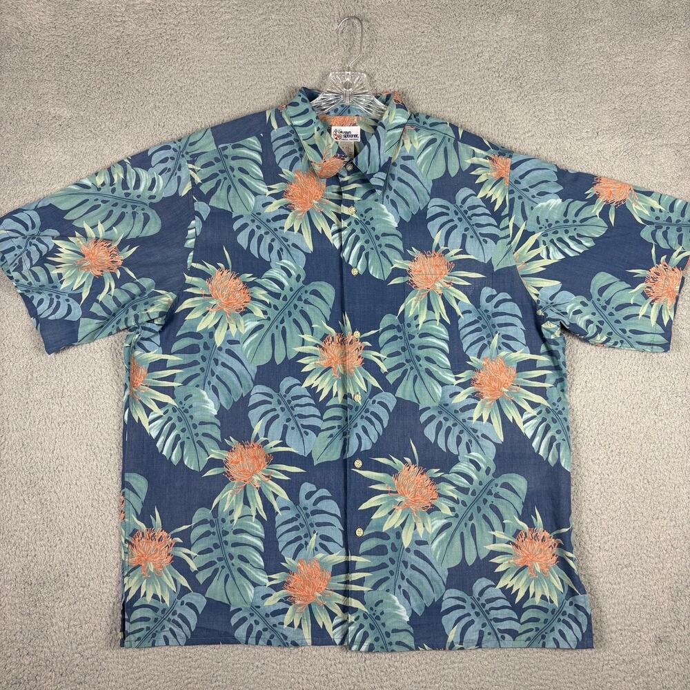 Vtg Reyn Spooner Hawaiian Shirt Men’s 2XL Blue Floral Vacation Resort Beach